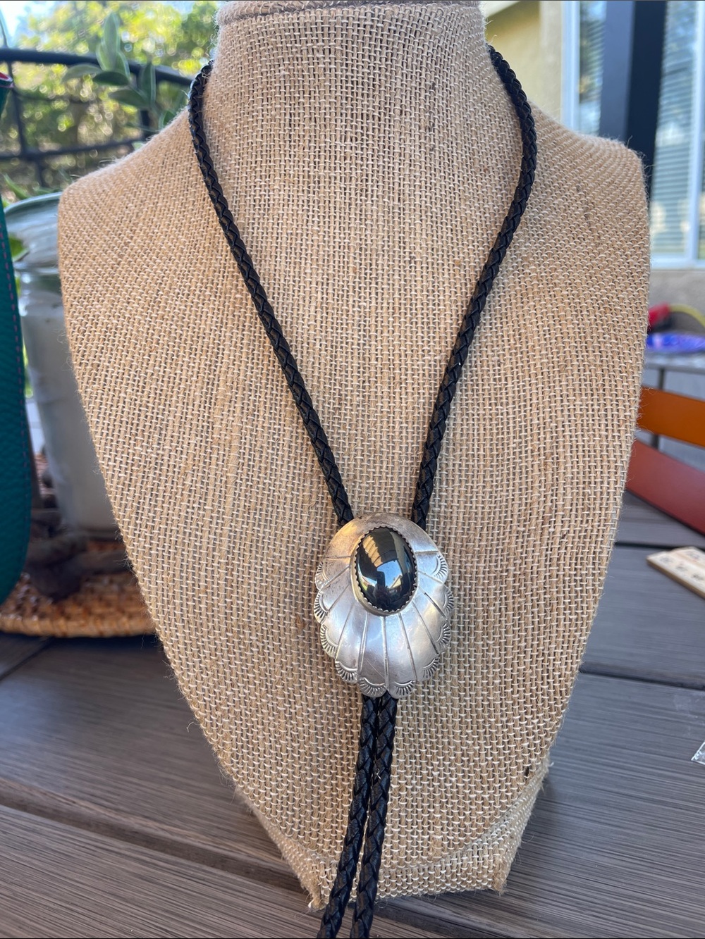 Sterling Silver Black Stone Bolo Tie Necklace